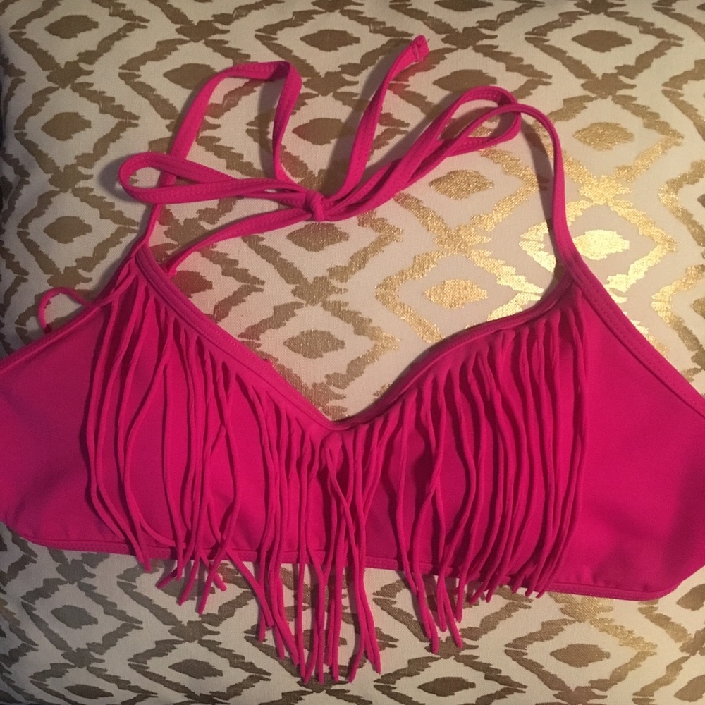 LA Hearts Pink Fringe Bathing Suit Top